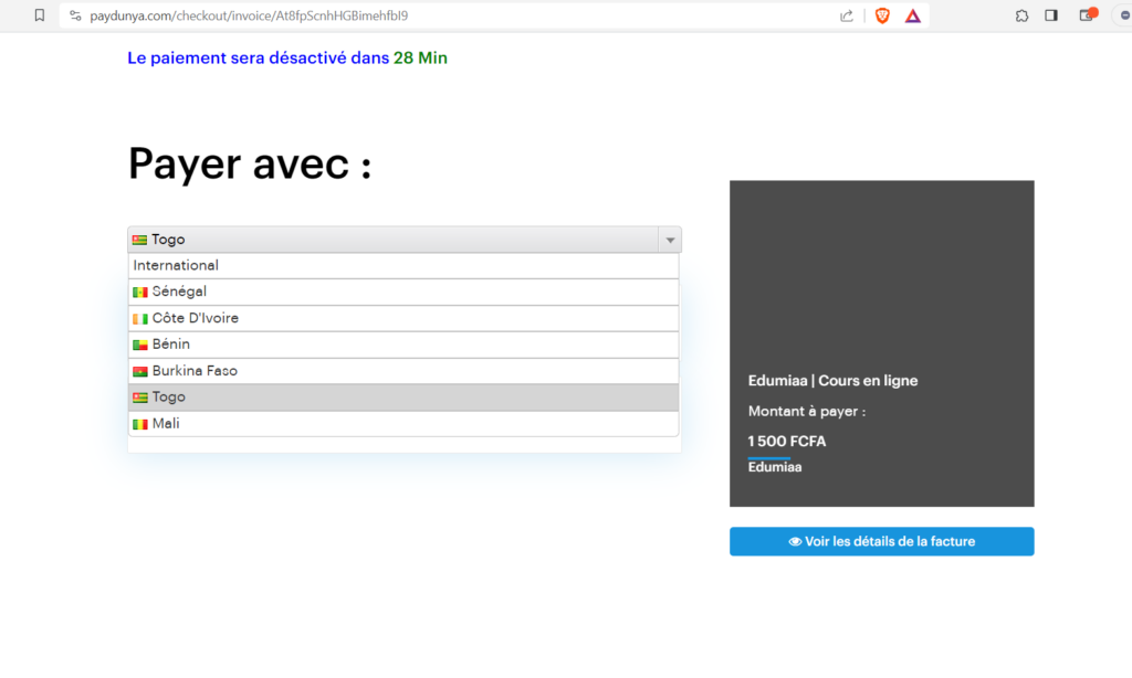 Les modes de paiement paydunya sur Edumiaa