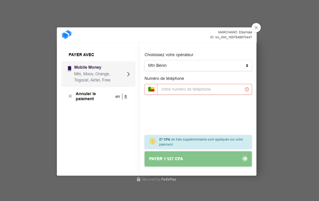 Les modes de paiement Fedapay sur Edumiaa