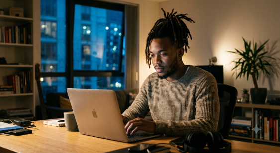 Black african freelancer youth wording on his laptop